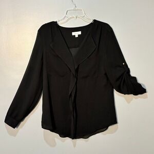 Calvin‎ Klein Blouse Women M Black Polyester Roll Tab Sleeve Chiffon Chic Office